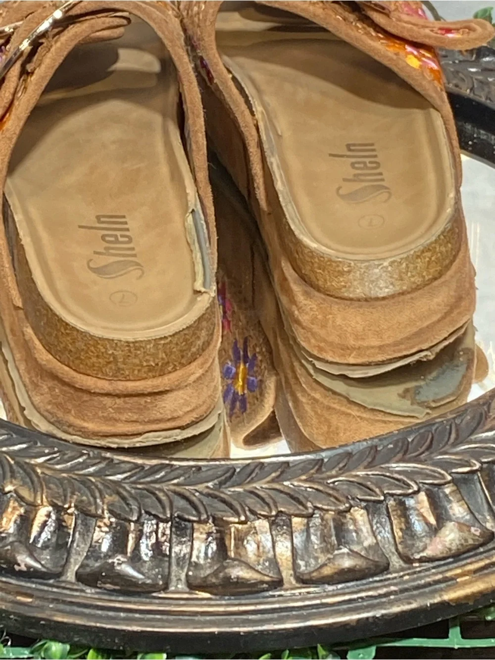Embroidered Tan Suede Platform Slide Sandals with Buckles